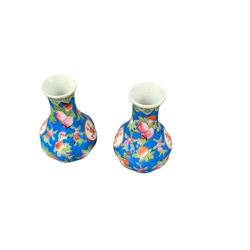 Pair Of Mini Chinese Porcelain Vases Floral Motif & Calligraphy Multicolor 3”